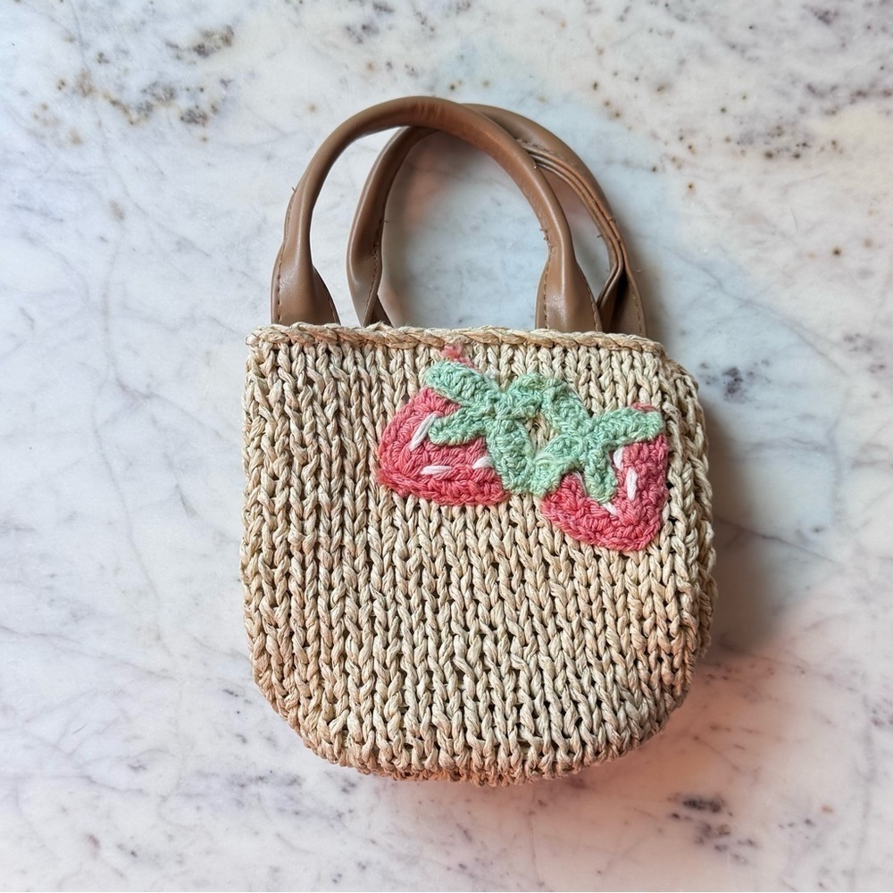 Toddler Straw Tote Bag with Strawberry Embroidery